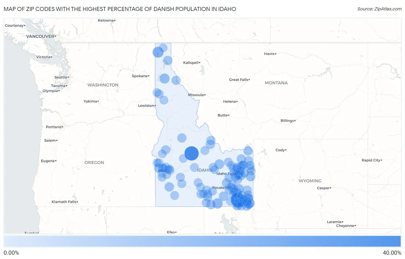 Zip Codes with the Highest Percentage of Danish Population in Idaho Map