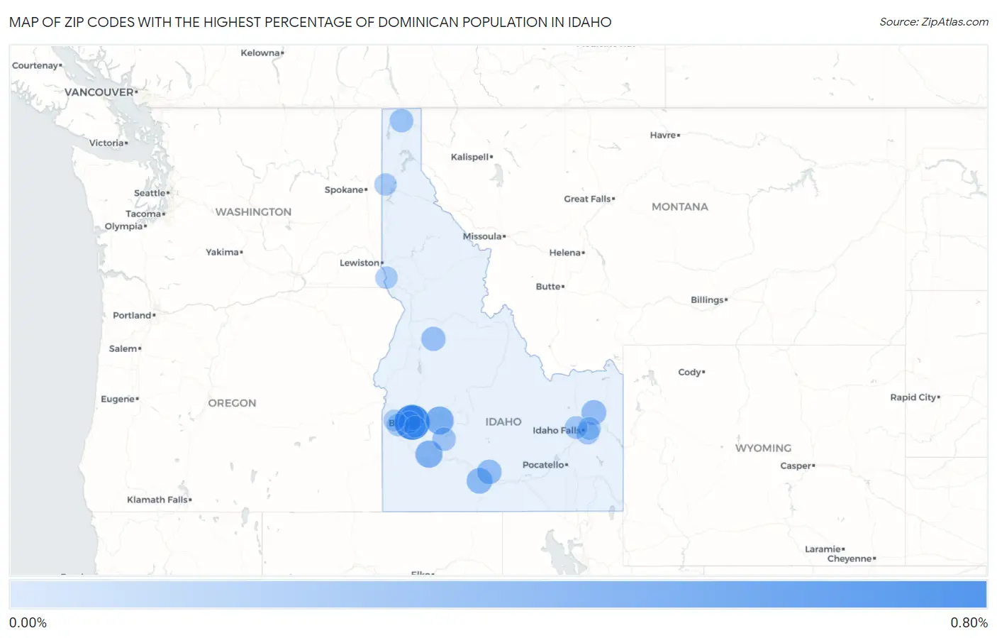 Zip Codes with the Highest Percentage of Dominican Population in Idaho Map
