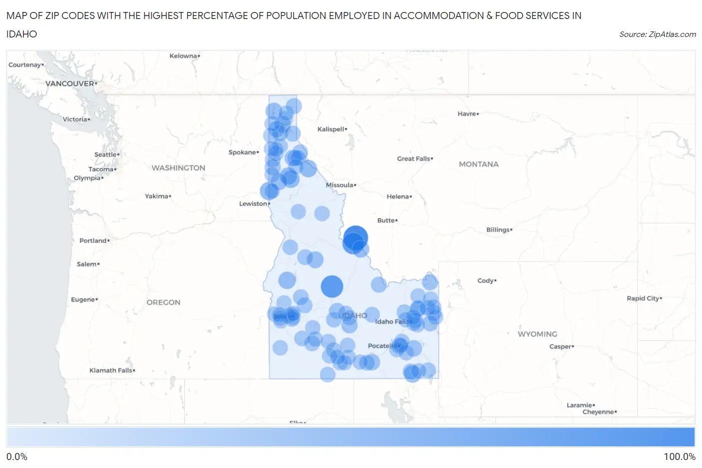 Zip Codes with the Highest Percentage of Population Employed in Accommodation & Food Services in Idaho Map