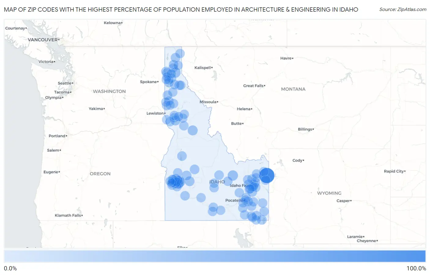 Zip Codes with the Highest Percentage of Population Employed in Architecture & Engineering in Idaho Map