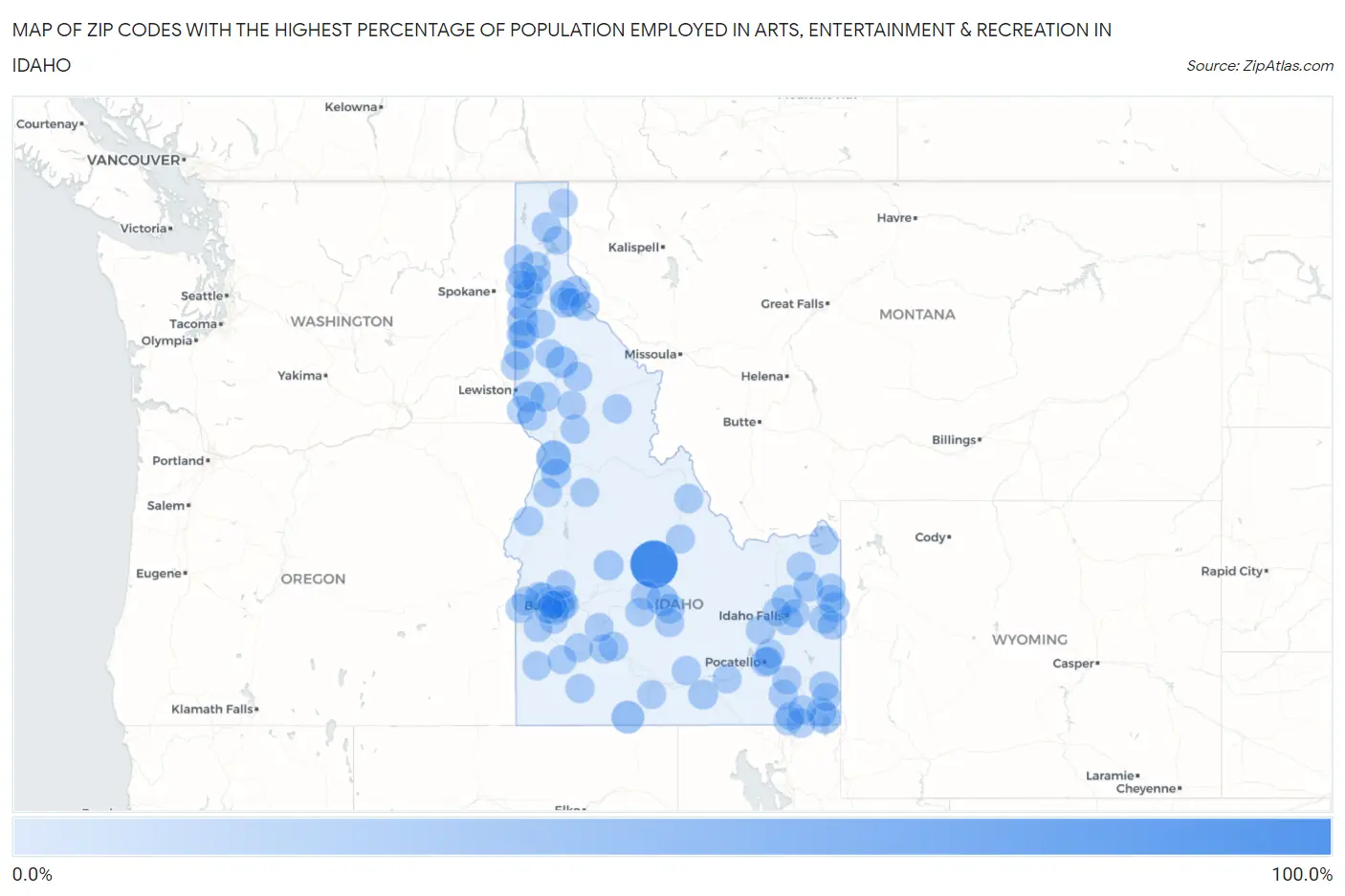 Zip Codes with the Highest Percentage of Population Employed in Arts, Entertainment & Recreation in Idaho Map