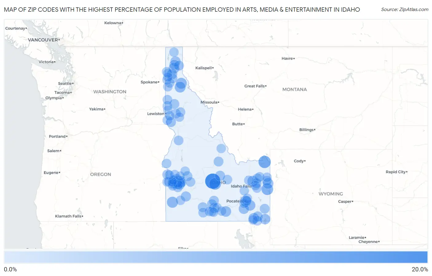 Zip Codes with the Highest Percentage of Population Employed in Arts, Media & Entertainment in Idaho Map