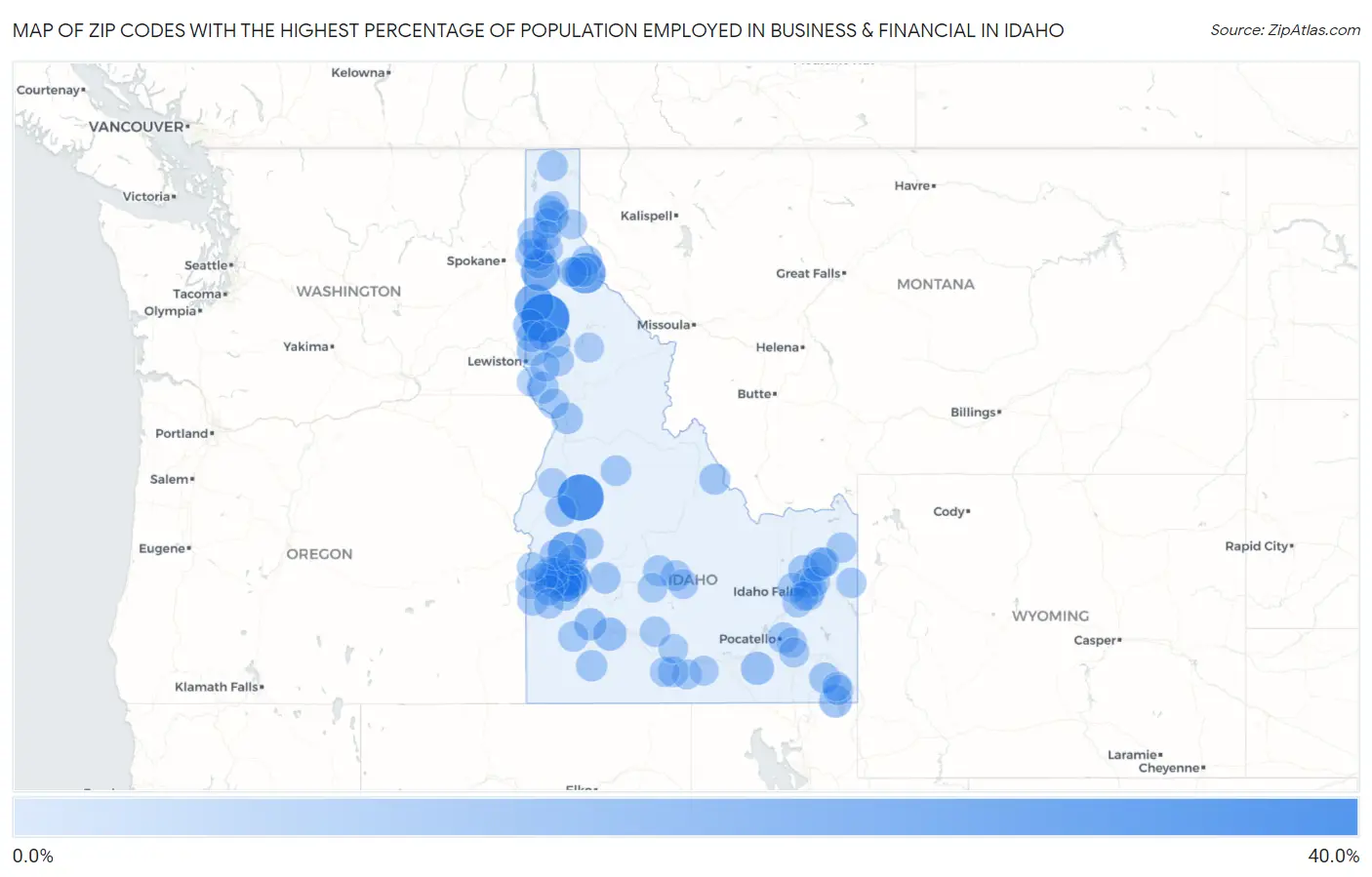 Zip Codes with the Highest Percentage of Population Employed in Business & Financial in Idaho Map