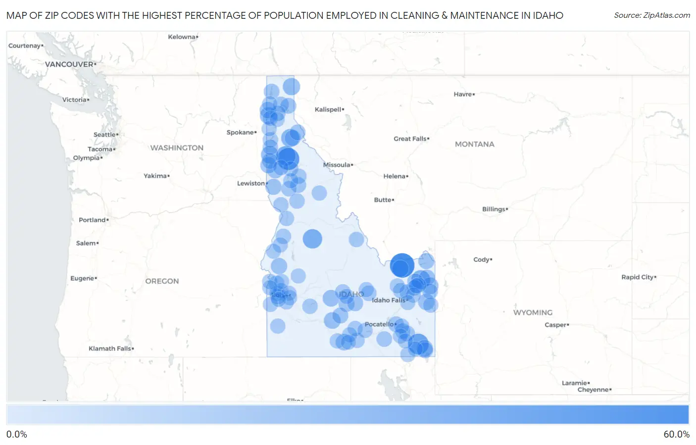 Zip Codes with the Highest Percentage of Population Employed in Cleaning & Maintenance in Idaho Map