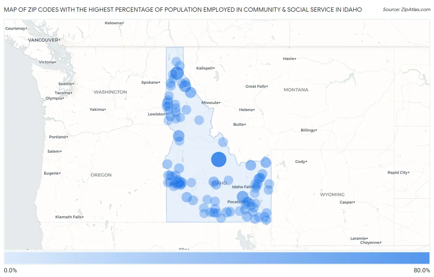 Zip Codes with the Highest Percentage of Population Employed in Community & Social Service  in Idaho Map