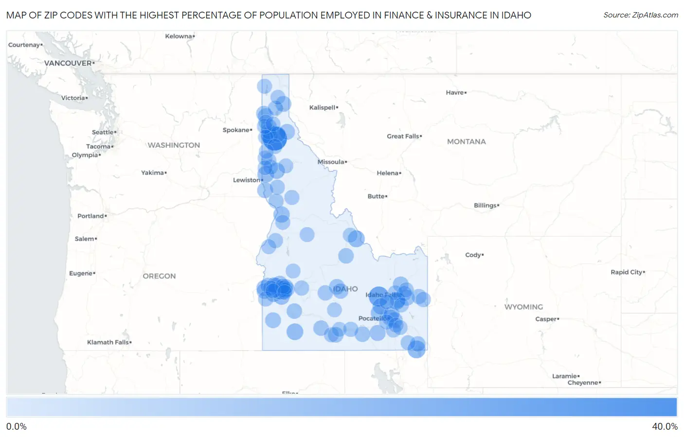 Zip Codes with the Highest Percentage of Population Employed in Finance & Insurance in Idaho Map