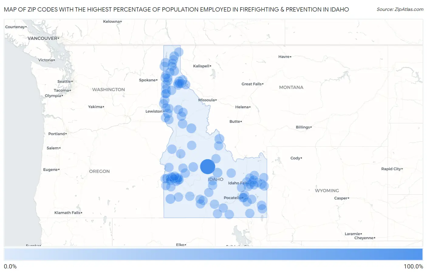 Zip Codes with the Highest Percentage of Population Employed in Firefighting & Prevention in Idaho Map