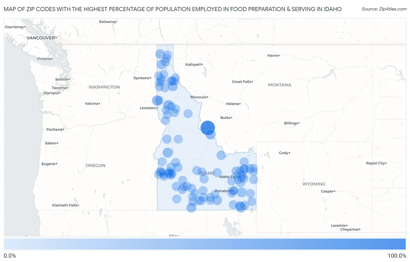 Zip Codes with the Highest Percentage of Population Employed in Food Preparation & Serving in Idaho Map
