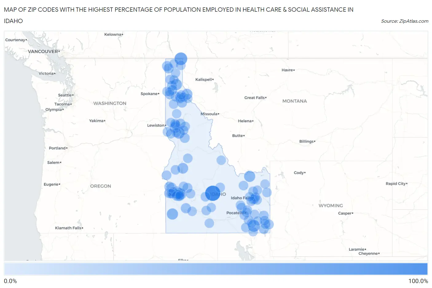 Zip Codes with the Highest Percentage of Population Employed in Health Care & Social Assistance in Idaho Map