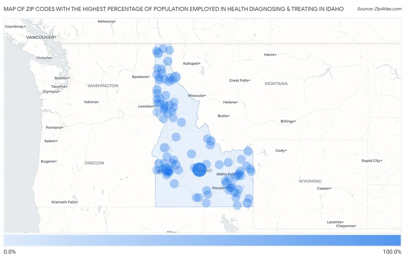 Zip Codes with the Highest Percentage of Population Employed in Health Diagnosing & Treating in Idaho Map