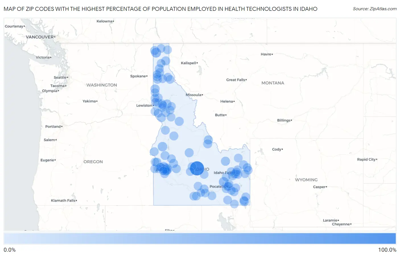 Zip Codes with the Highest Percentage of Population Employed in Health Technologists in Idaho Map
