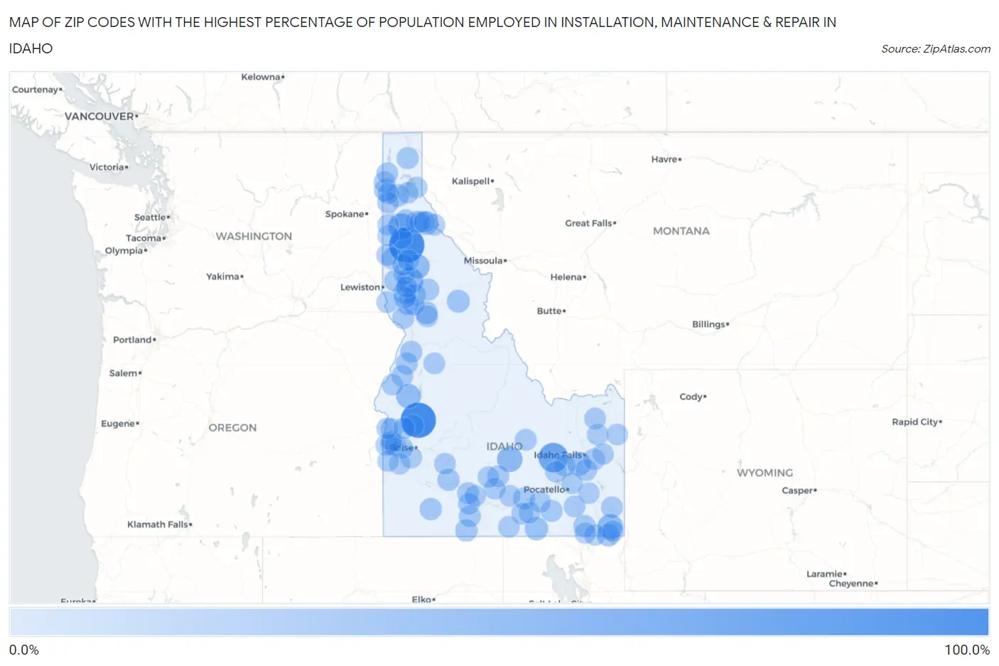 Zip Codes with the Highest Percentage of Population Employed in Installation, Maintenance & Repair in Idaho Map