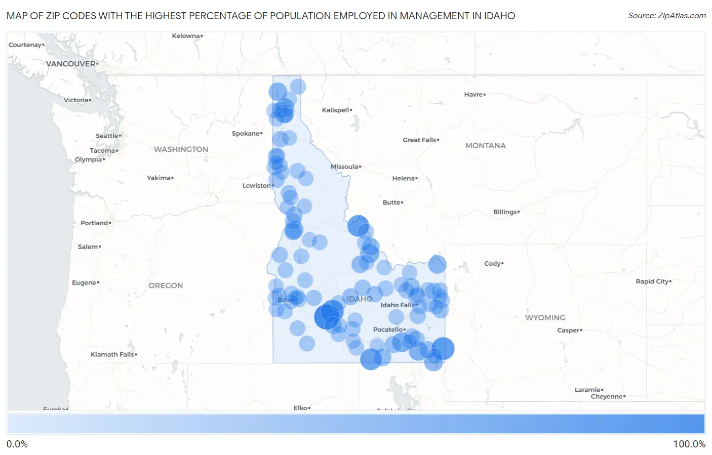 Zip Codes with the Highest Percentage of Population Employed in Management in Idaho Map