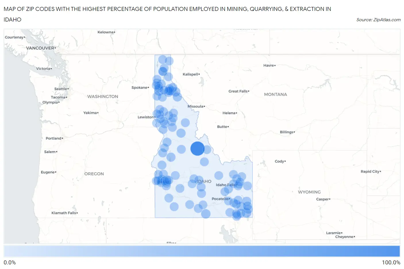 Zip Codes with the Highest Percentage of Population Employed in Mining, Quarrying, & Extraction in Idaho Map