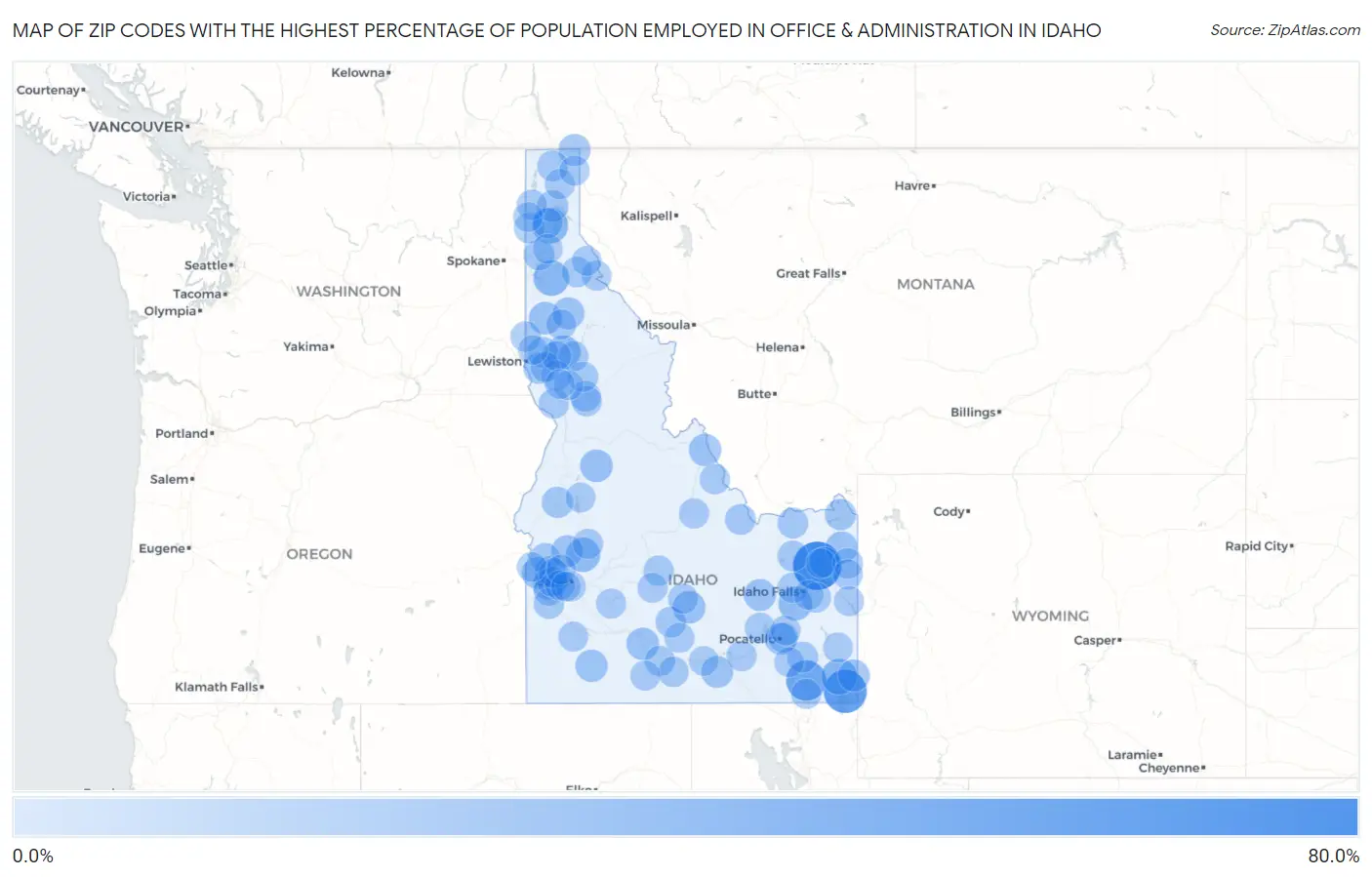 Zip Codes with the Highest Percentage of Population Employed in Office & Administration in Idaho Map