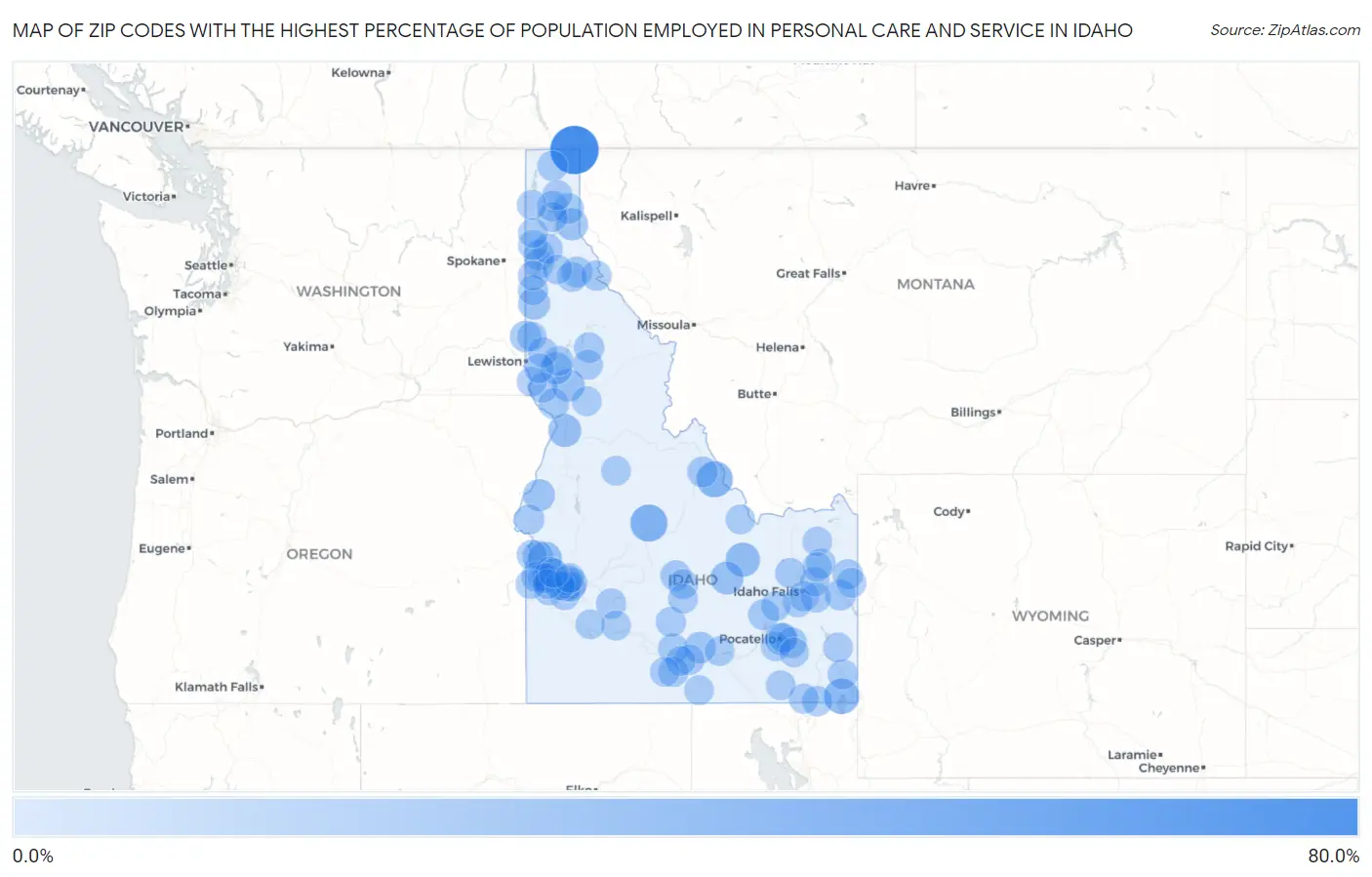Zip Codes with the Highest Percentage of Population Employed in Personal Care and Service in Idaho Map