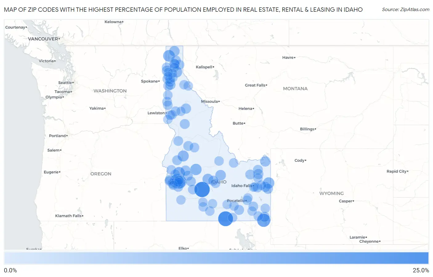 Zip Codes with the Highest Percentage of Population Employed in Real Estate, Rental & Leasing in Idaho Map