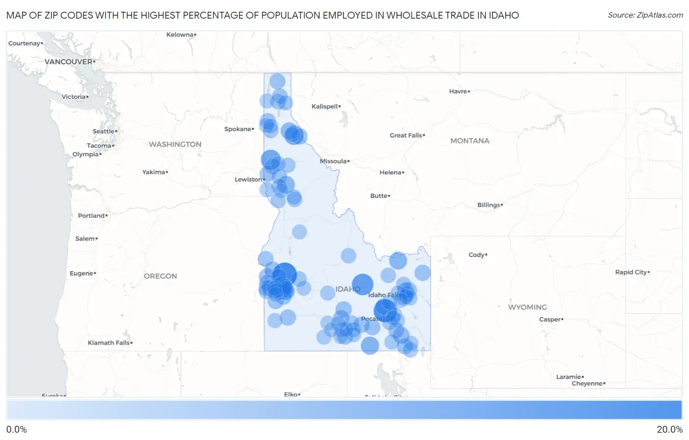 Zip Codes with the Highest Percentage of Population Employed in Wholesale Trade in Idaho Map