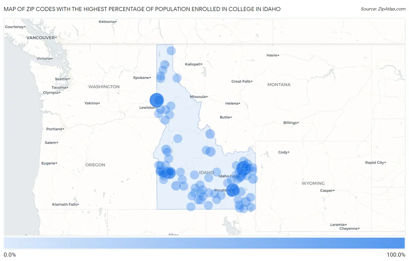 Zip Codes with the Highest Percentage of Population Enrolled in College in Idaho Map