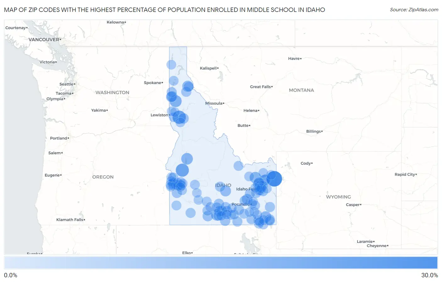 Zip Codes with the Highest Percentage of Population Enrolled in Middle School in Idaho Map