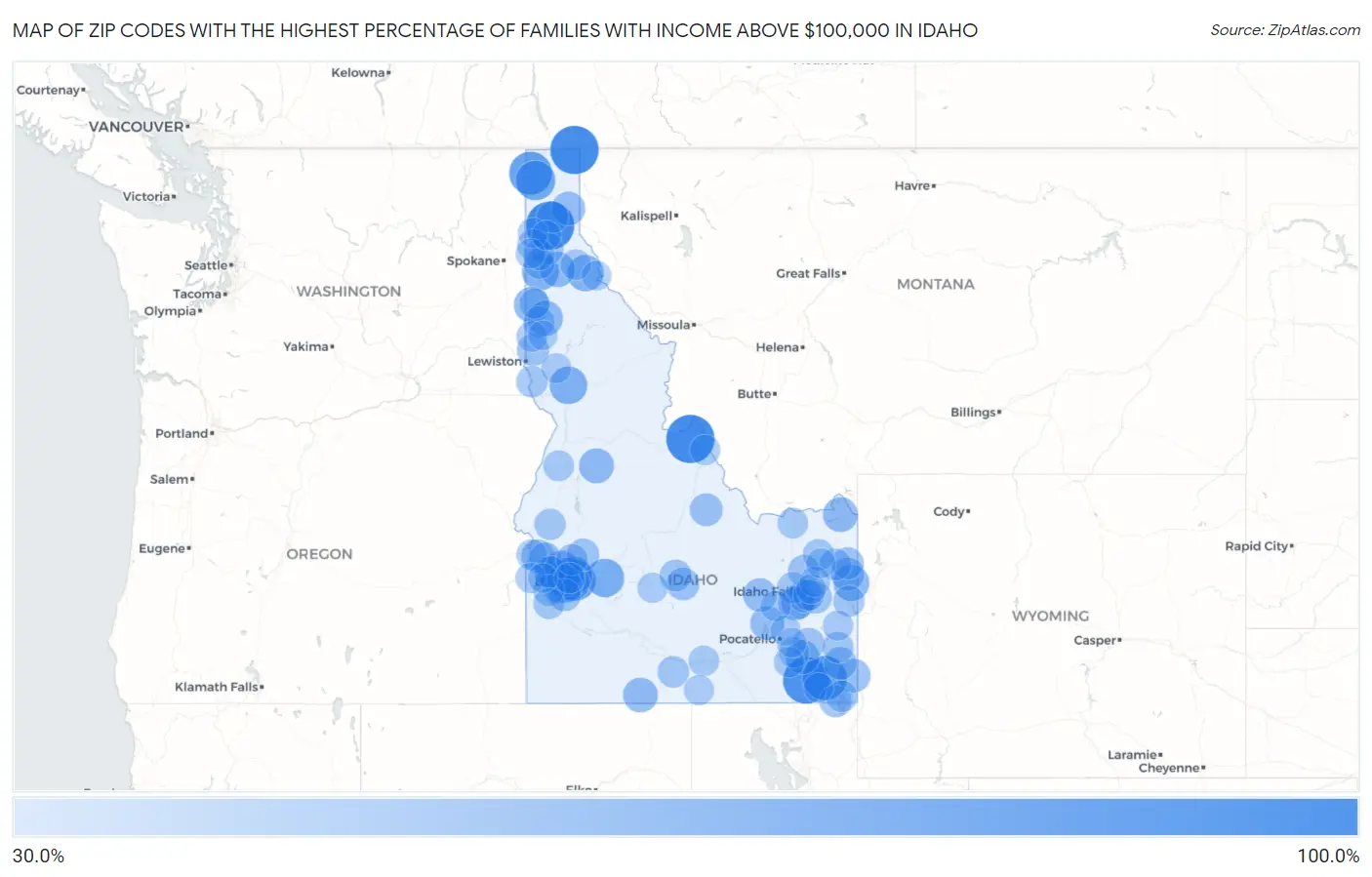 Zip Codes with the Highest Percentage of Families with Income Above $100,000 in Idaho Map