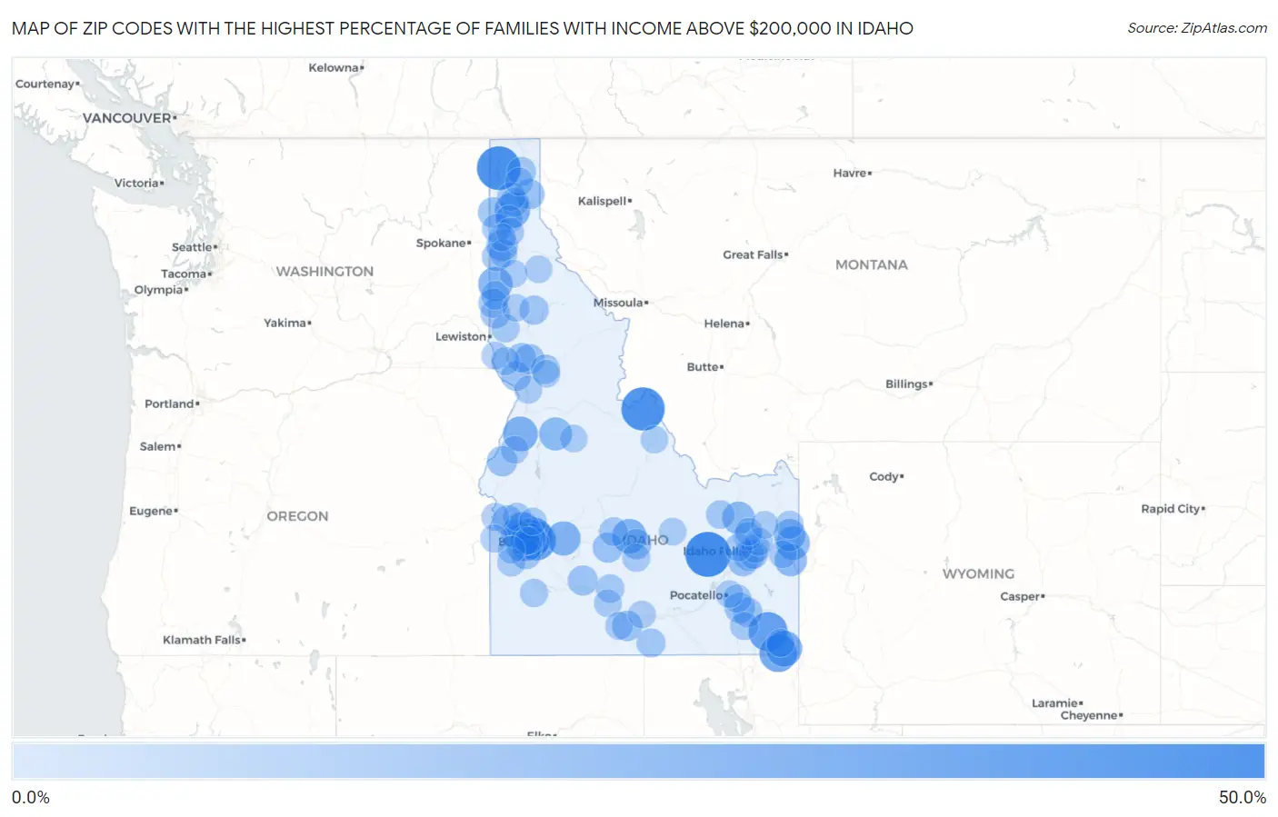 Zip Codes with the Highest Percentage of Families with Income Above $200,000 in Idaho Map