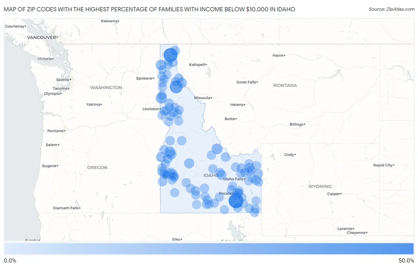 Zip Codes with the Highest Percentage of Families with Income Below $10,000 in Idaho Map