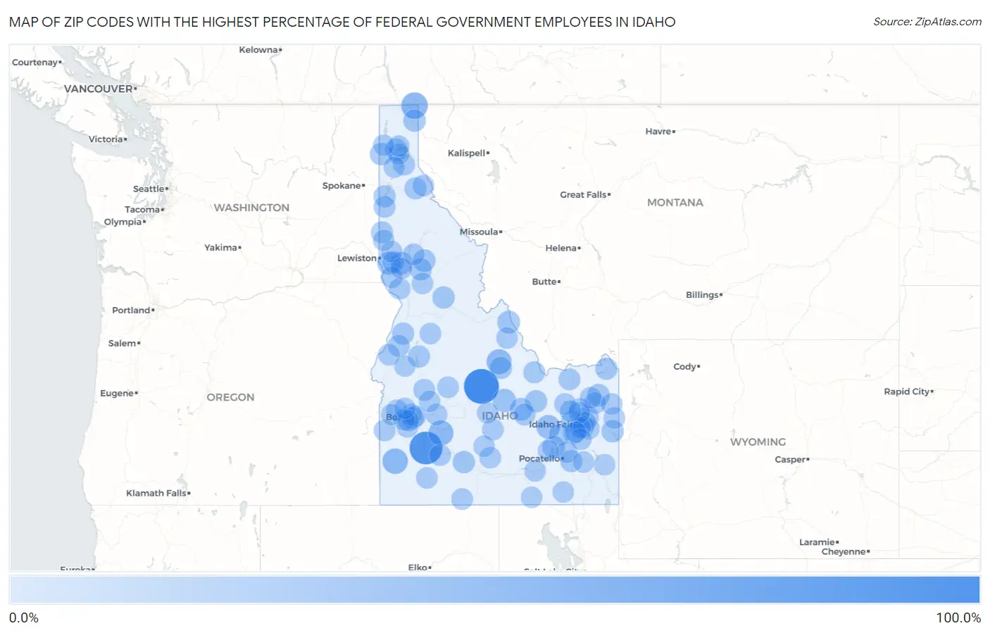 Zip Codes with the Highest Percentage of Federal Government Employees in Idaho Map