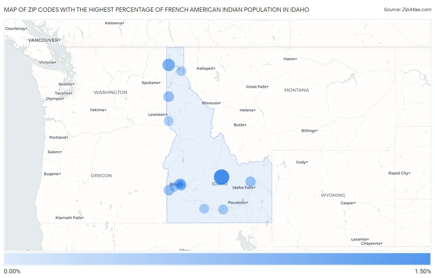 Zip Codes with the Highest Percentage of French American Indian Population in Idaho Map
