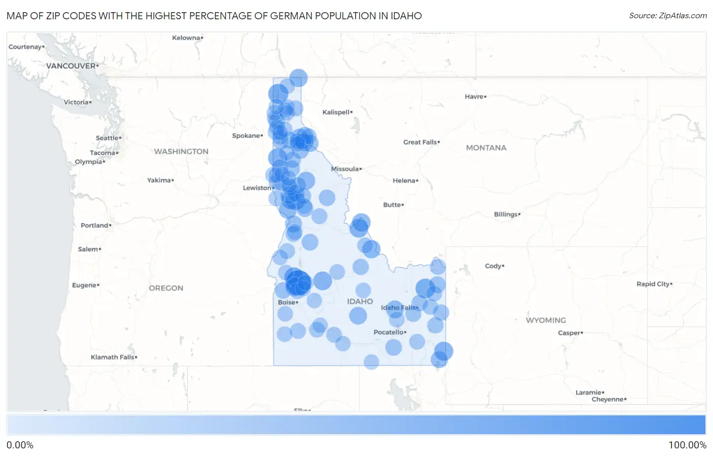 Zip Codes with the Highest Percentage of German Population in Idaho Map