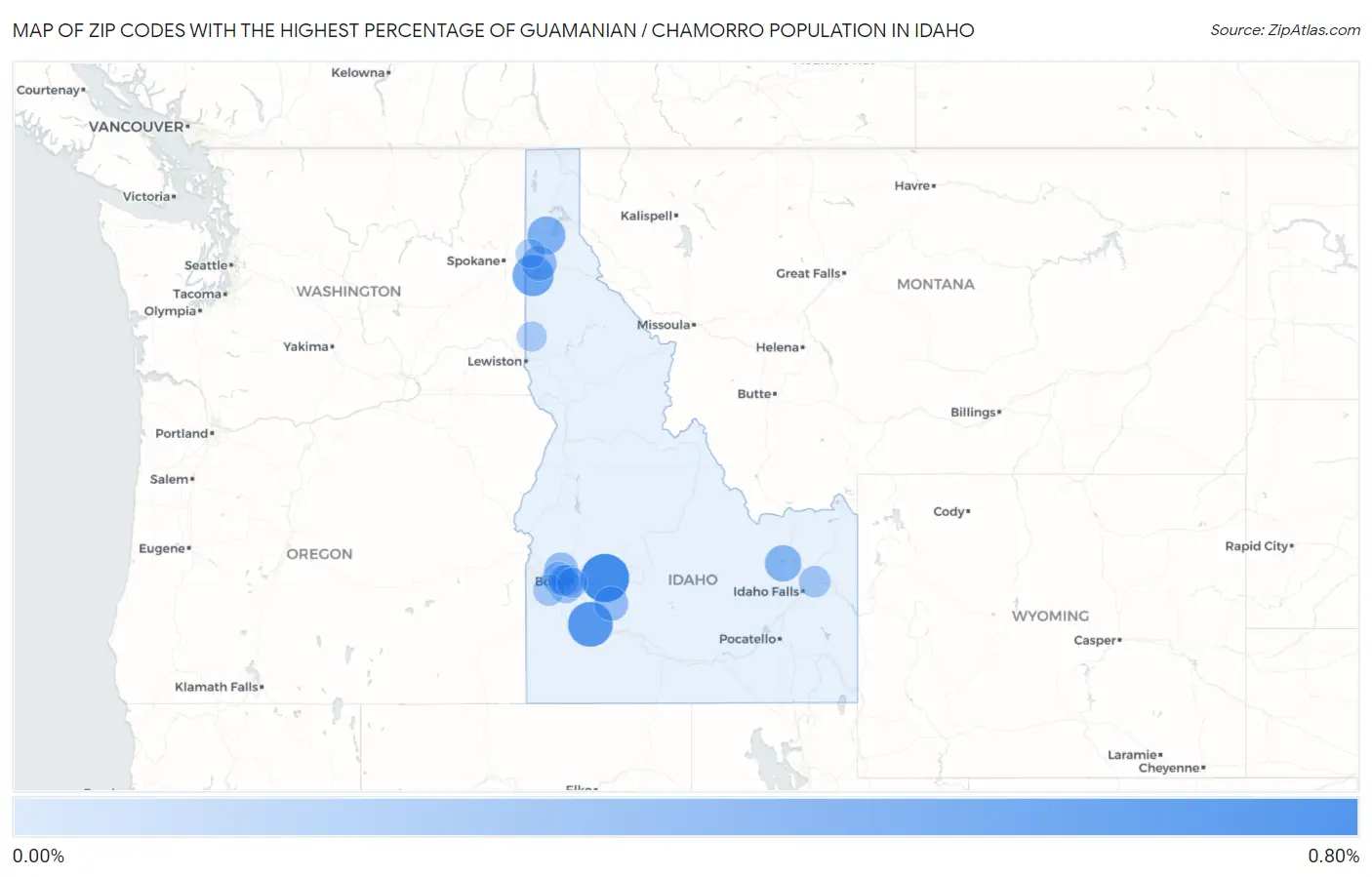 Zip Codes with the Highest Percentage of Guamanian / Chamorro Population in Idaho Map