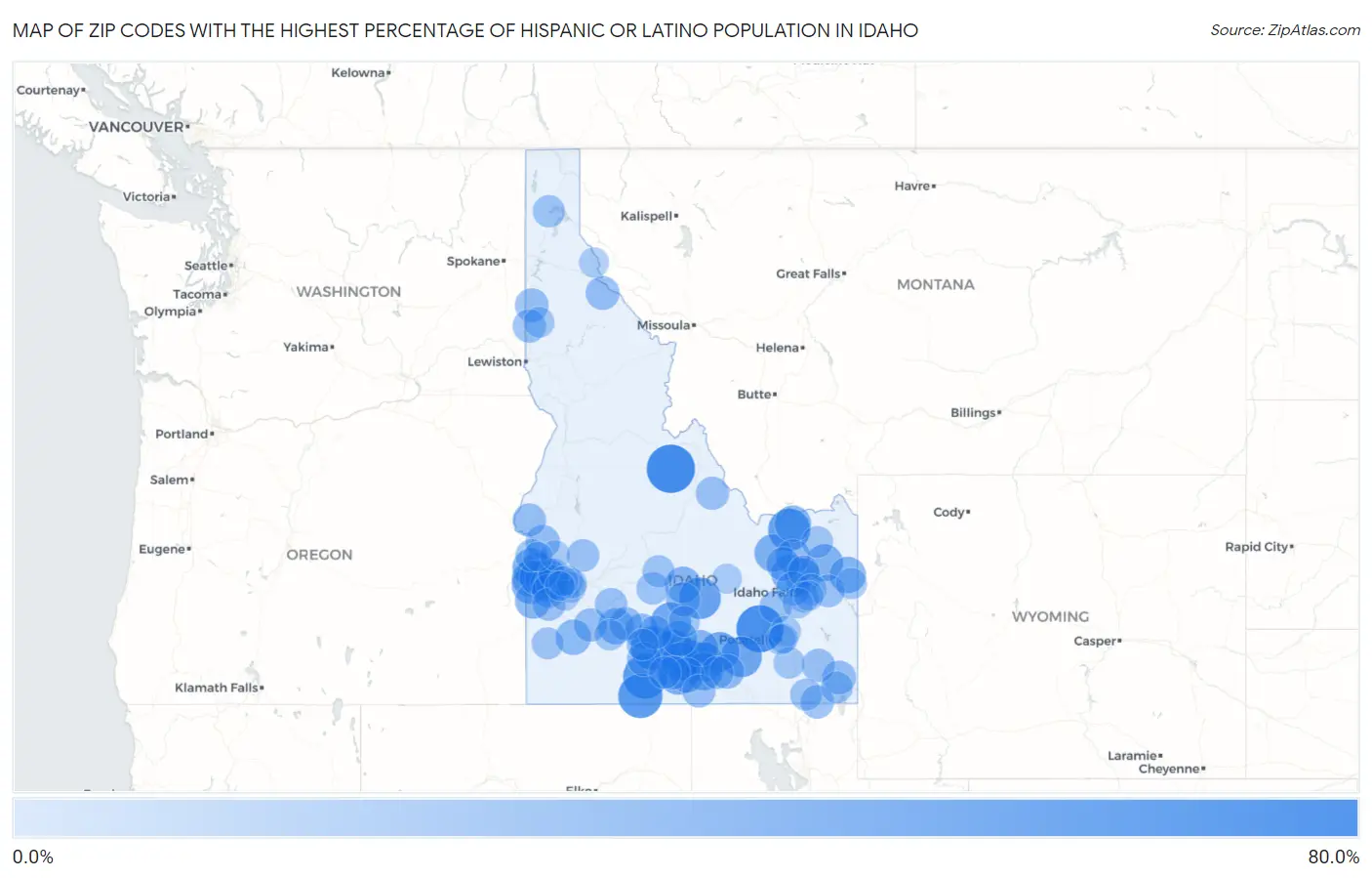 Zip Codes with the Highest Percentage of Hispanic or Latino Population in Idaho Map