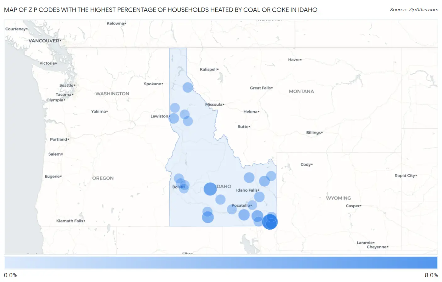 Zip Codes with the Highest Percentage of Households Heated by Coal or Coke in Idaho Map