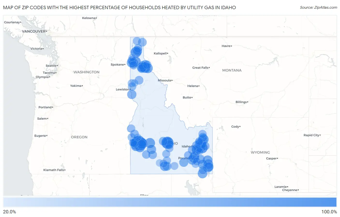 Zip Codes with the Highest Percentage of Households Heated by Utility Gas in Idaho Map