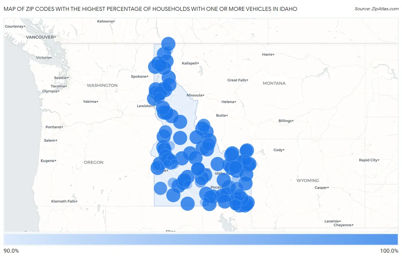 Zip Codes with the Highest Percentage of Households With One or more Vehicles in Idaho Map