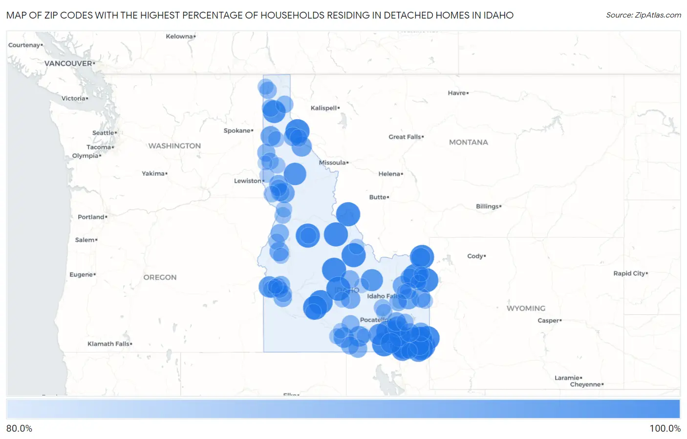 Zip Codes with the Highest Percentage of Households Residing in Detached Homes in Idaho Map