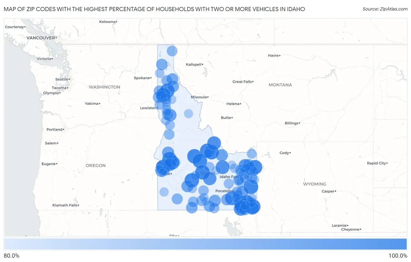 Zip Codes with the Highest Percentage of Households With Two or more Vehicles in Idaho Map