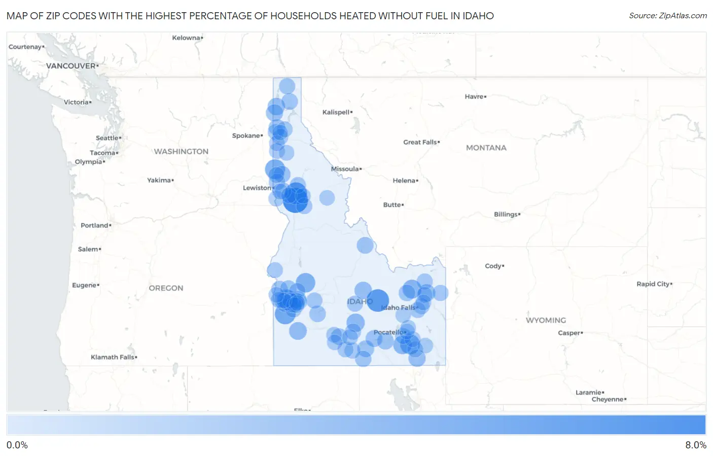 Zip Codes with the Highest Percentage of Households Heated without Fuel in Idaho Map