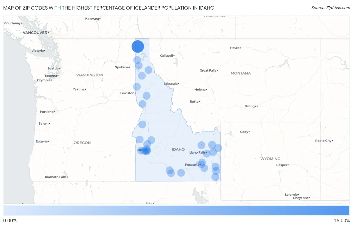 Zip Codes with the Highest Percentage of Icelander Population in Idaho Map