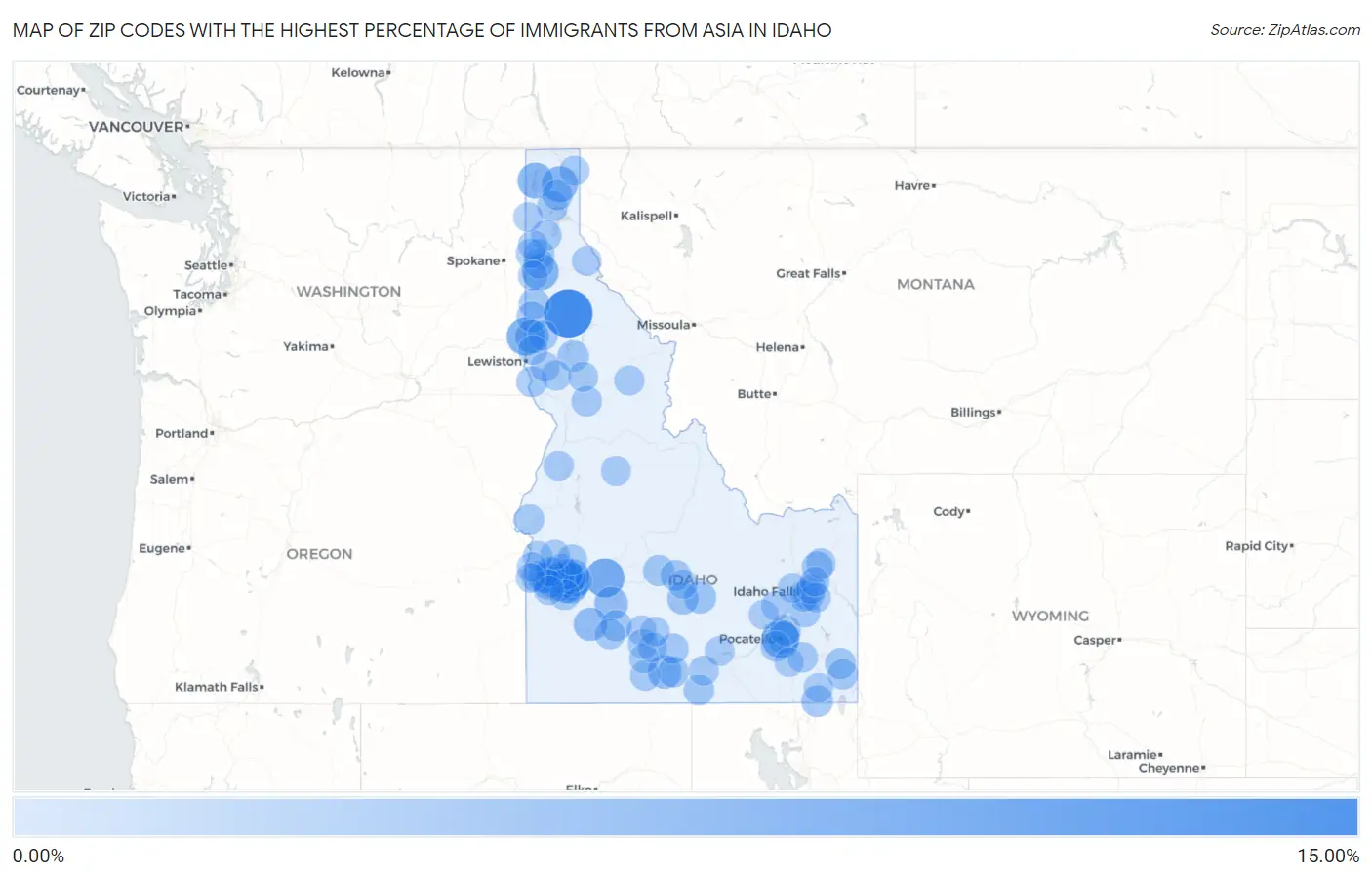 Zip Codes with the Highest Percentage of Immigrants from Asia in Idaho Map