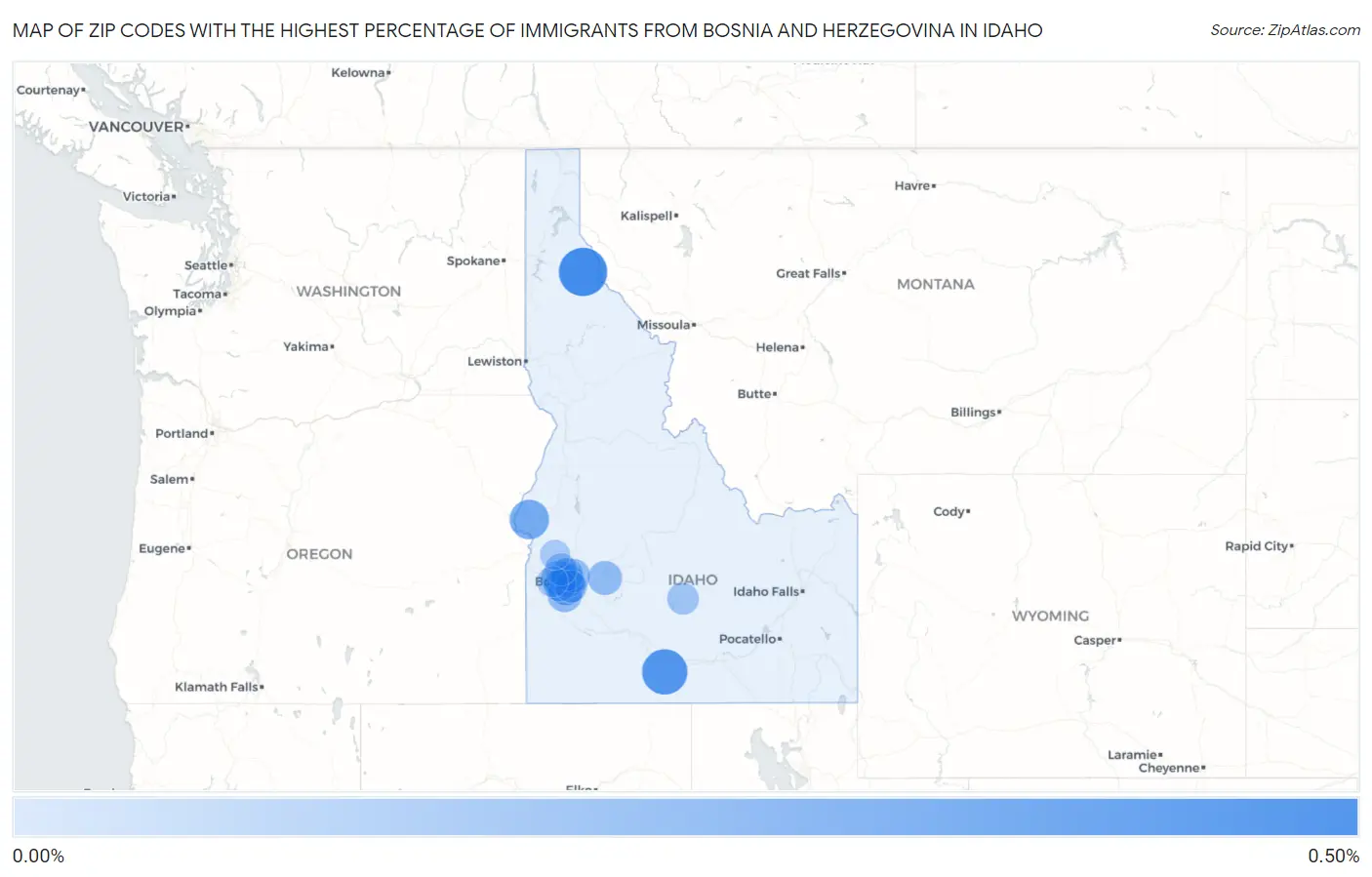 Zip Codes with the Highest Percentage of Immigrants from Bosnia and Herzegovina in Idaho Map