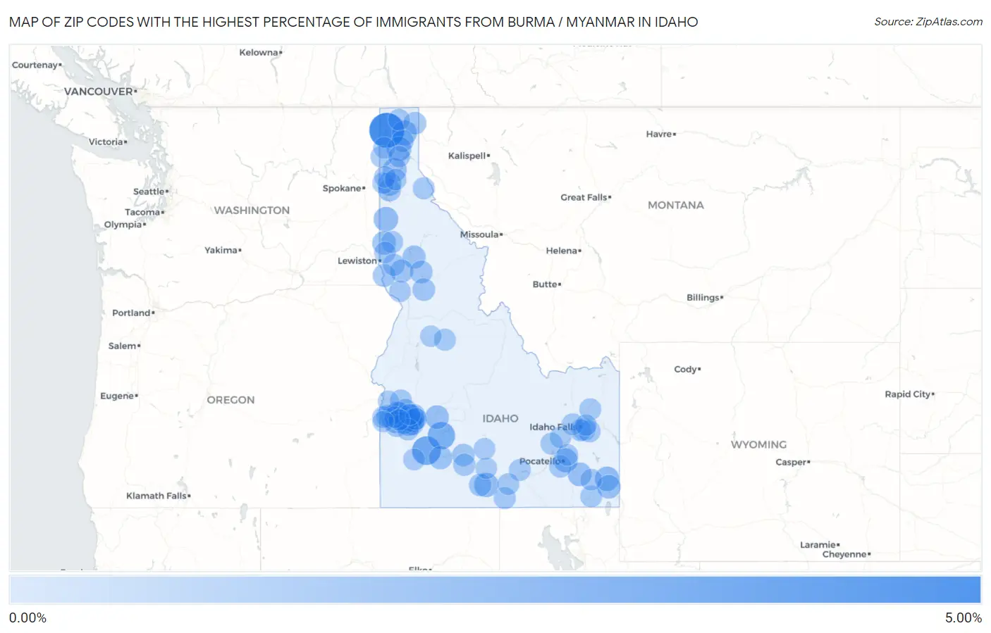 Zip Codes with the Highest Percentage of Immigrants from Burma / Myanmar in Idaho Map