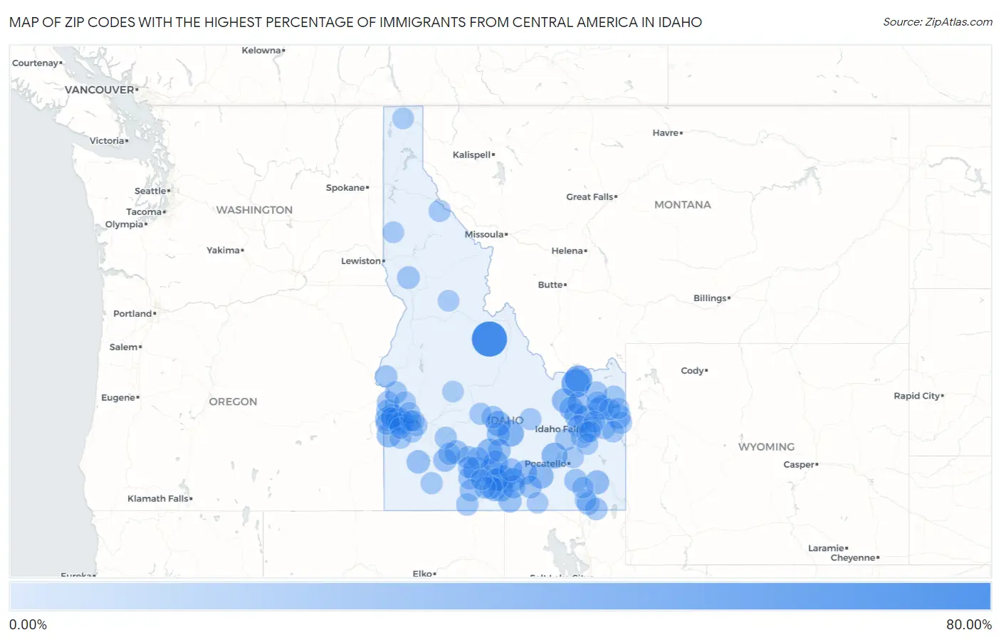 Zip Codes with the Highest Percentage of Immigrants from Central America in Idaho Map