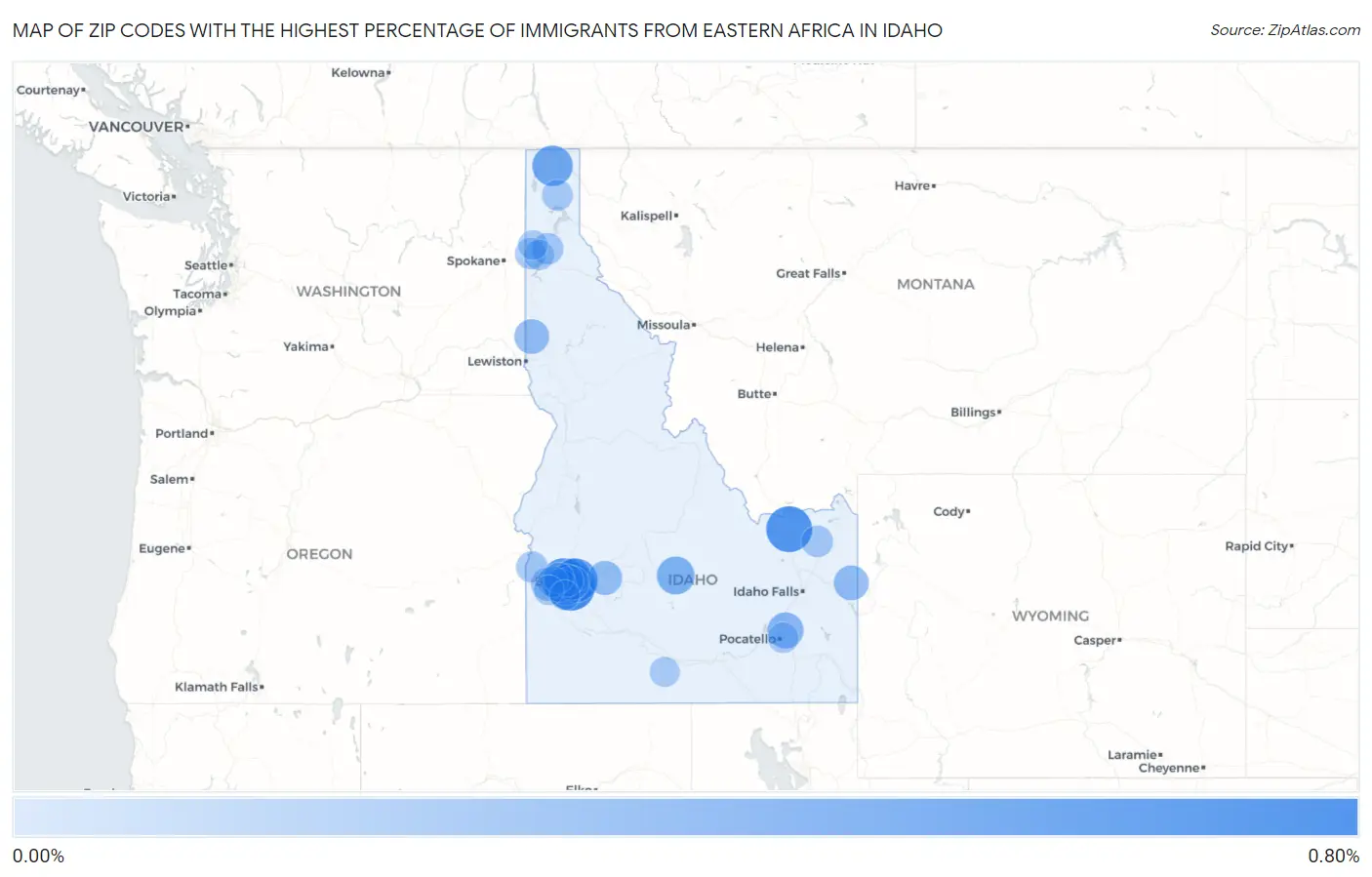 Zip Codes with the Highest Percentage of Immigrants from Eastern Africa in Idaho Map