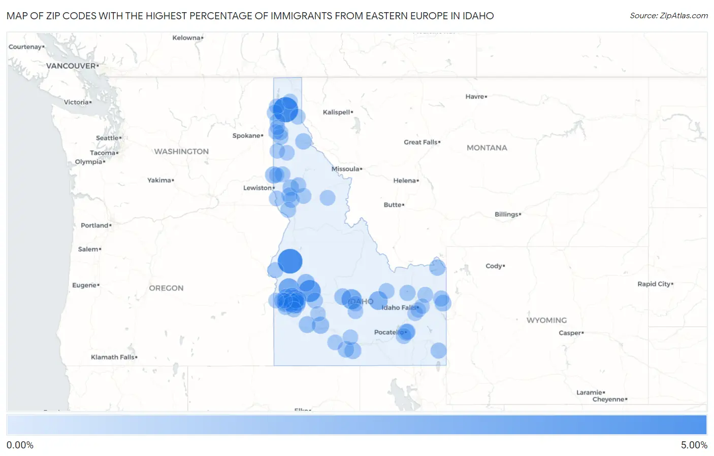 Zip Codes with the Highest Percentage of Immigrants from Eastern Europe in Idaho Map