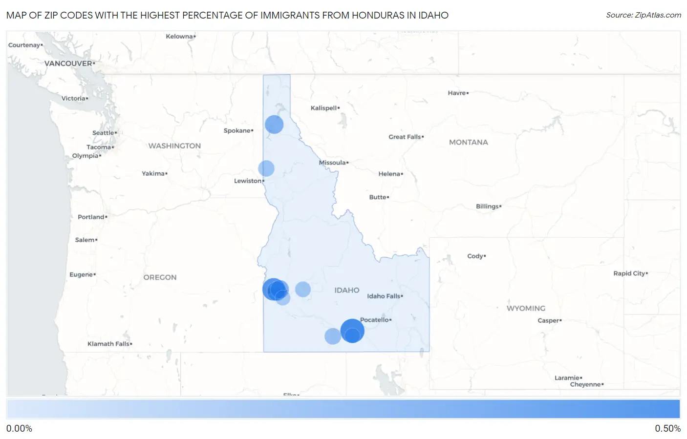 Zip Codes with the Highest Percentage of Immigrants from Honduras in Idaho Map
