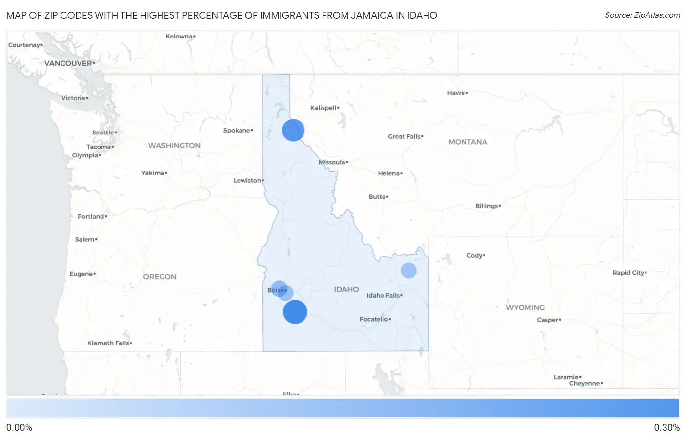 Zip Codes with the Highest Percentage of Immigrants from Jamaica in Idaho Map