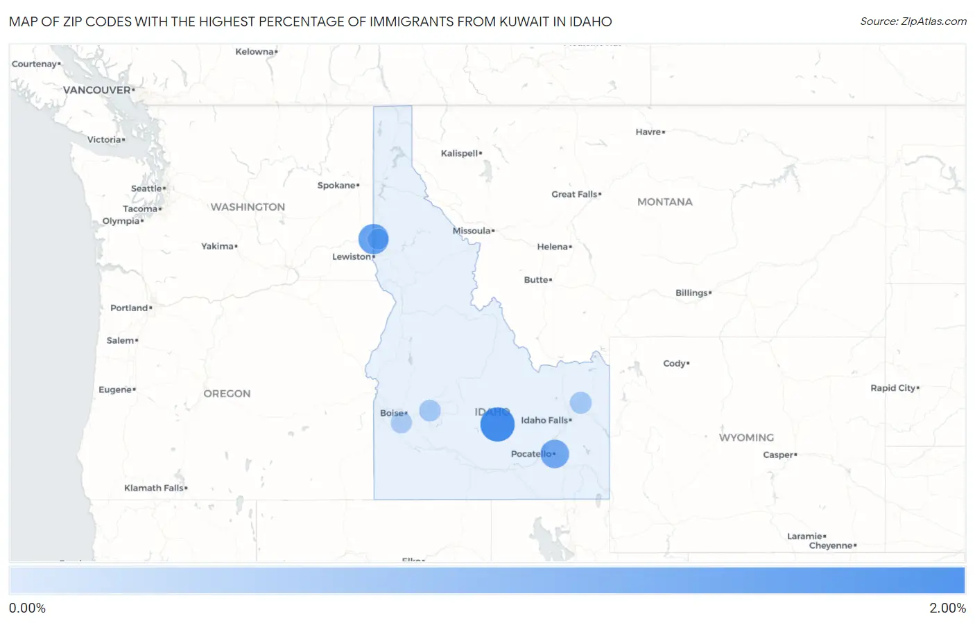 Zip Codes with the Highest Percentage of Immigrants from Kuwait in Idaho Map