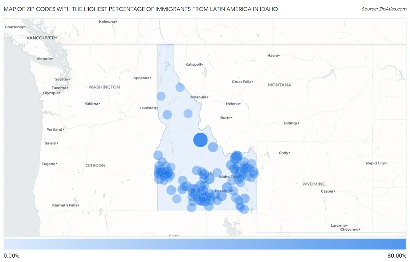 Zip Codes with the Highest Percentage of Immigrants from Latin America in Idaho Map