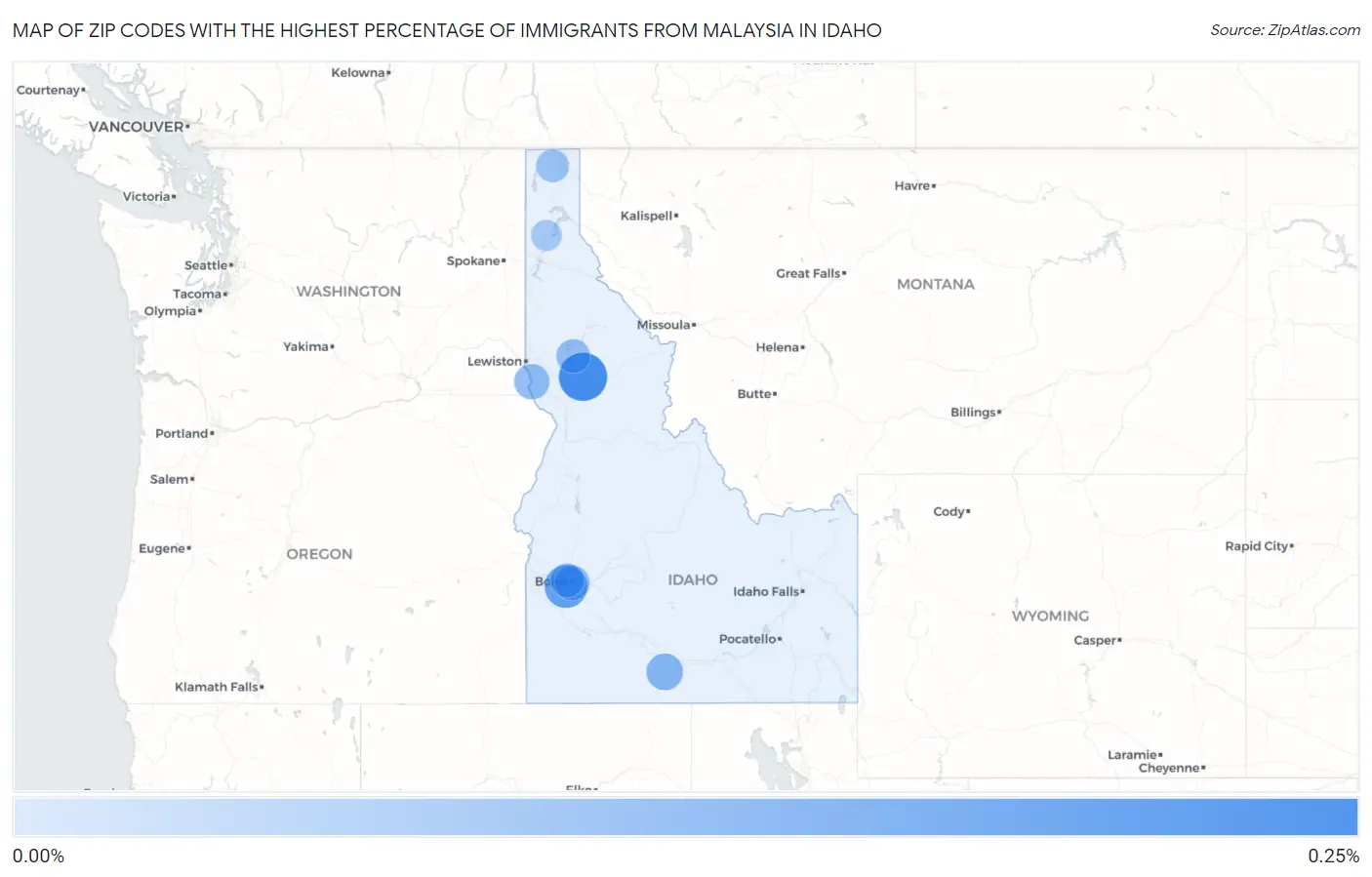 Zip Codes with the Highest Percentage of Immigrants from Malaysia in Idaho Map